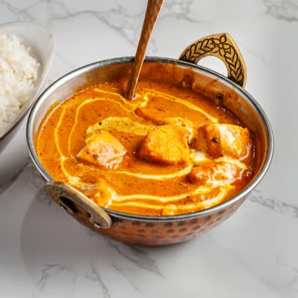 A copper bowl of butter chicken with a spoon, next to a bowl of white rice.